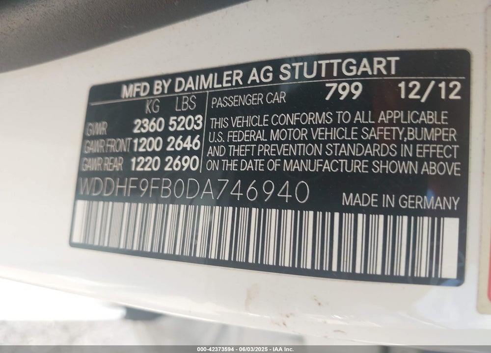 2013 MERCEDES-BENZ E-CLASS VIN: WDDHF9FB0DA746940
