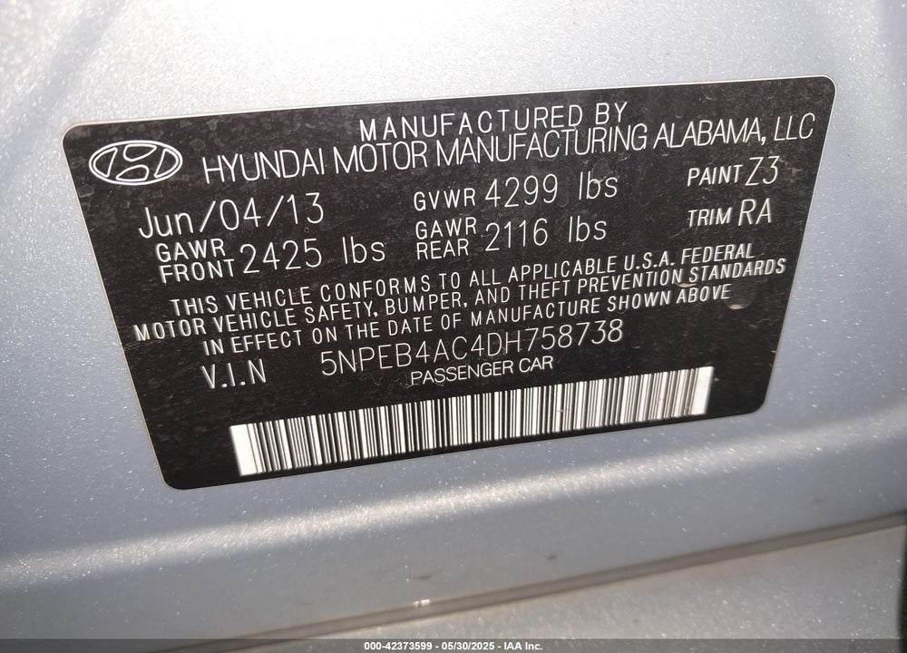 2013 HYUNDAI SONATA VIN: 5NPEB4AC4DH758738