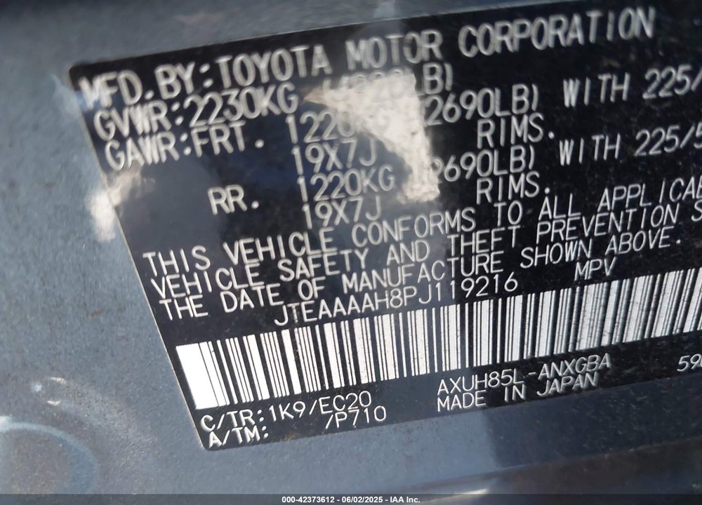 2023 TOYOTA VENZA XLE VIN: JTEAAAAH8PJ119216