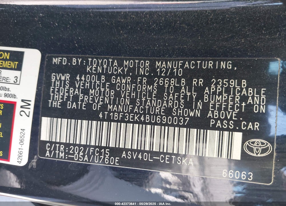 2011 TOYOTA CAMRY VIN: 4T1BF3EK4BU690037