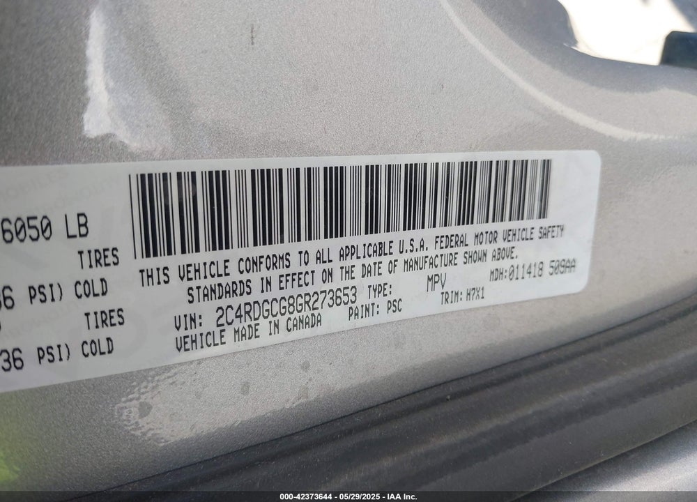2016 DODGE GRAND CARAVAN SXT VIN: 2C4RDGCG8GR273653