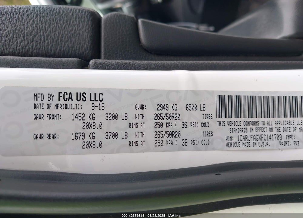 2015 JEEP GRAND CHEROKEE ALTITUDE VIN: 1C4RJFAGXFC141703