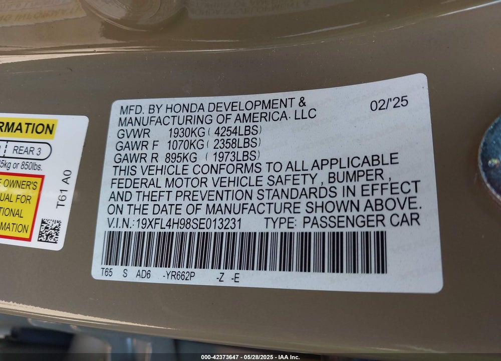 2025 HONDA CIVIC HYBRID VIN: 19XFL4H98SE013231