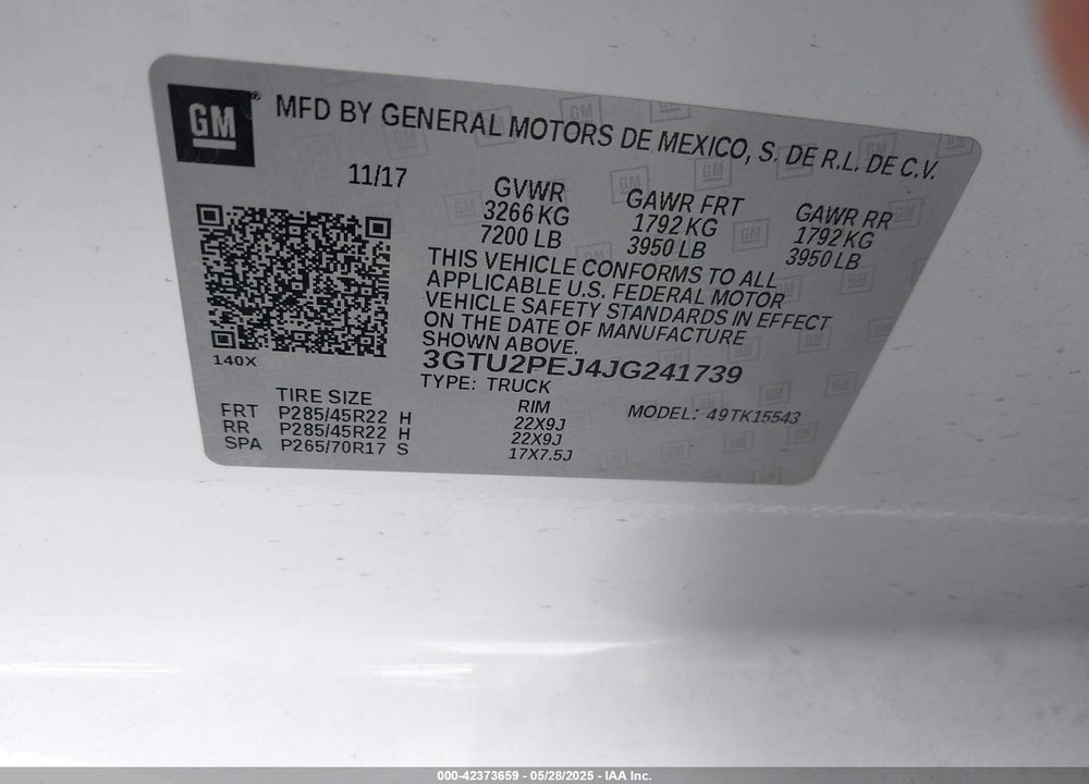 2018 GMC SIERRA VIN: 3GTU2PEJ4JG241739