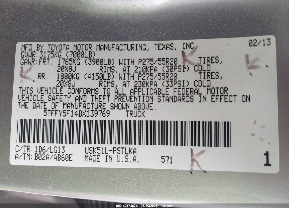 2013 TOYOTA TUNDRA PLATINUM 5.7L V8 VIN: 5TFFY5F14DX139769