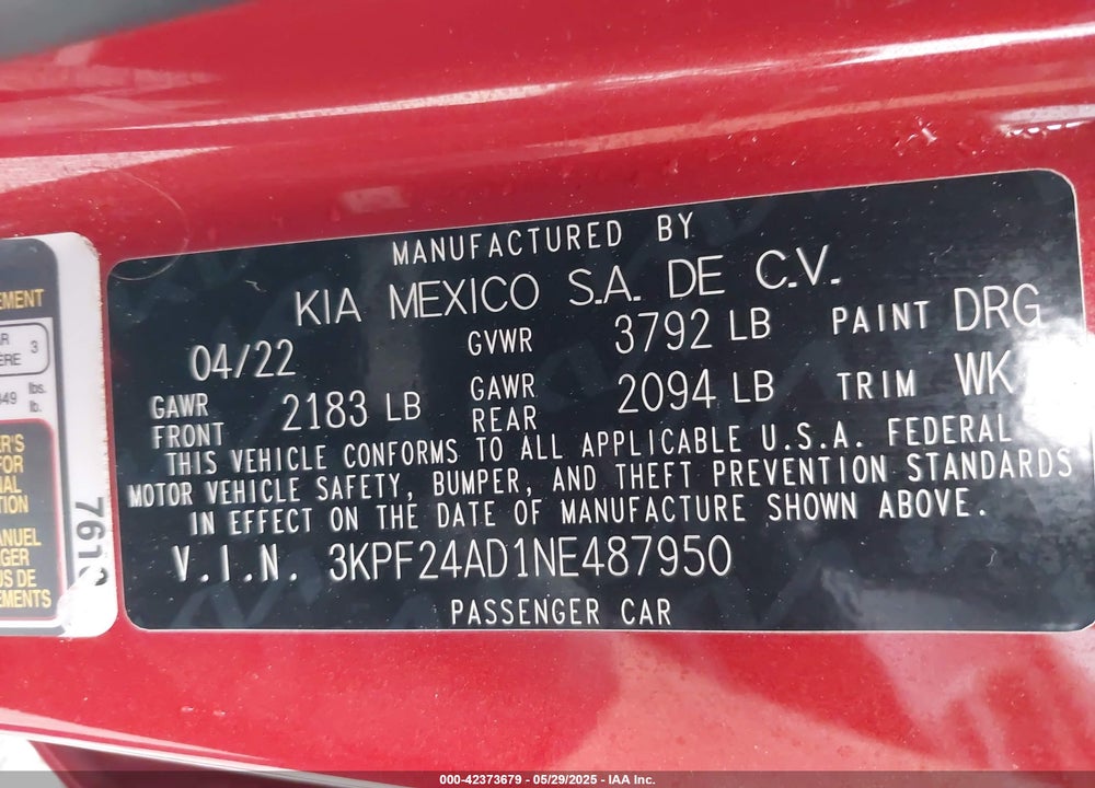 2022 KIA FORTE VIN: 3KPF24AD1NE487950