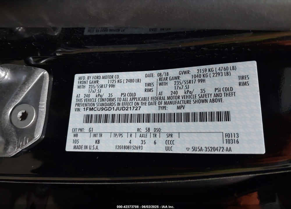 2018 FORD ESCAPE VIN: 1FMCU9GD1JUD21727