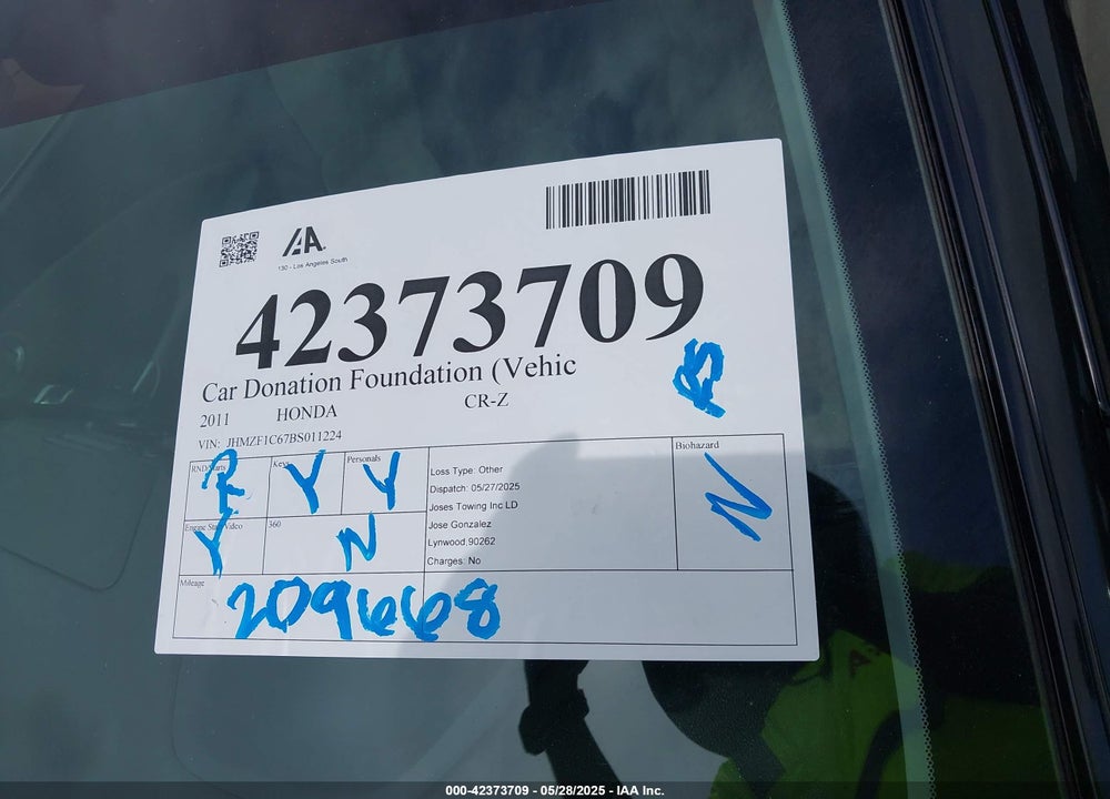 2011 HONDA CR-Z VIN: JHMZF1C67BS011224