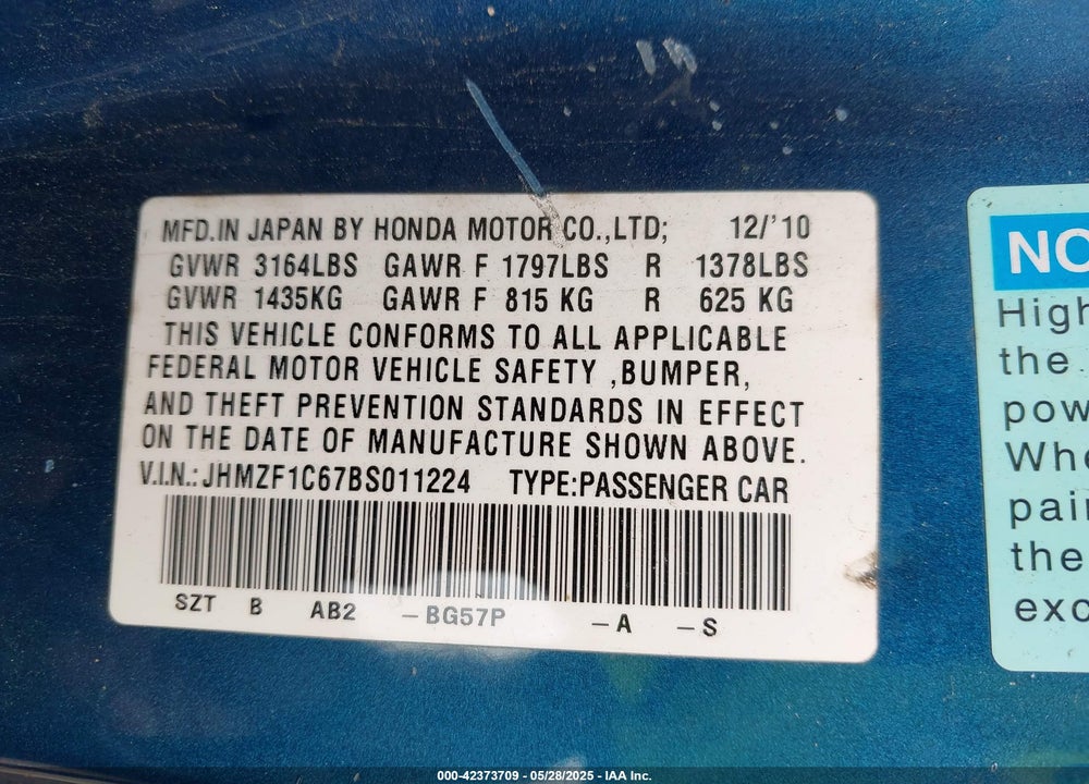 2011 HONDA CR-Z VIN: JHMZF1C67BS011224