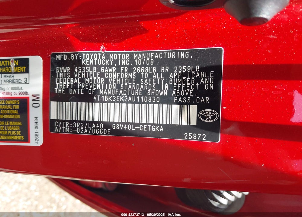 2010 TOYOTA CAMRY XLE V6 VIN: 4T1BK3EK2AU110830