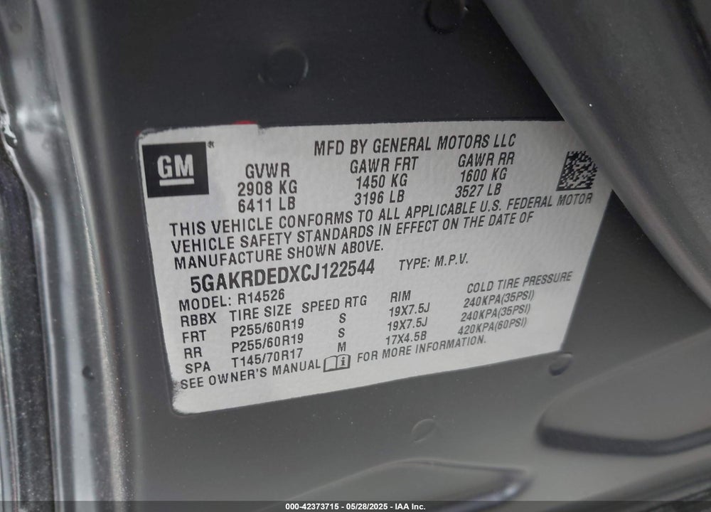 2012 BUICK ENCLAVE PREMIUM VIN: 5GAKRDEDXCJ122544