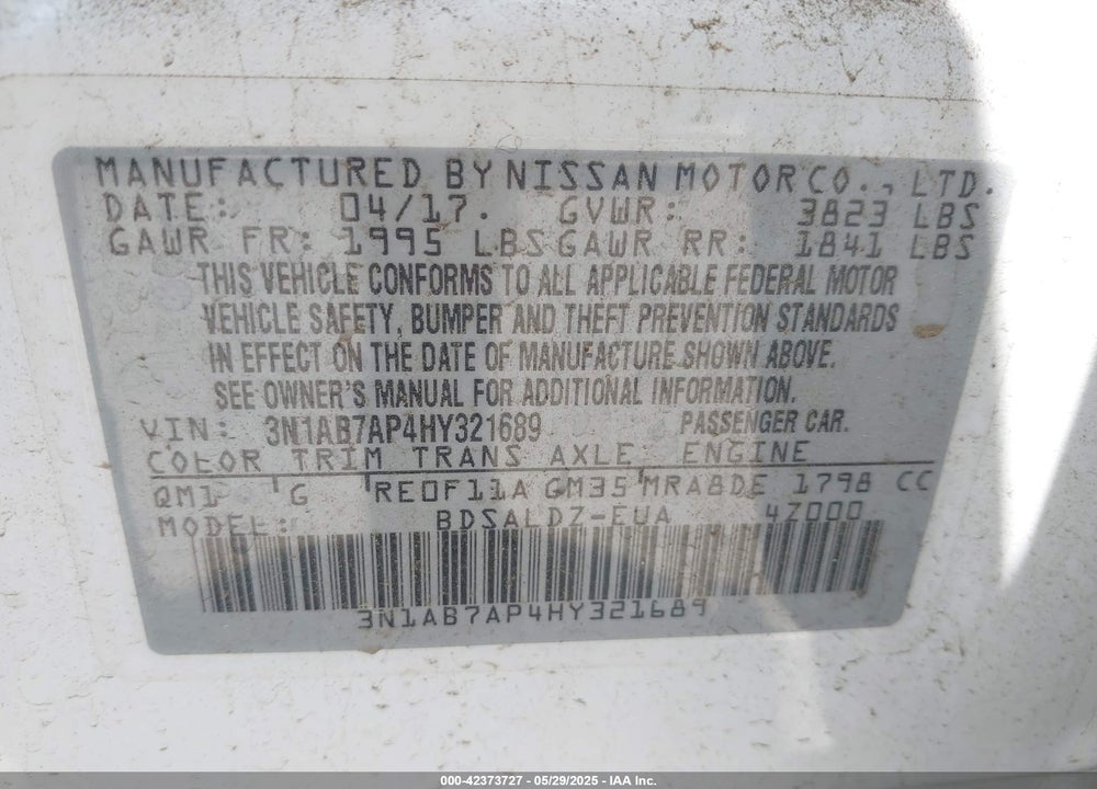 2017 NISSAN SENTRA VIN: 3N1AB7AP4HY321689