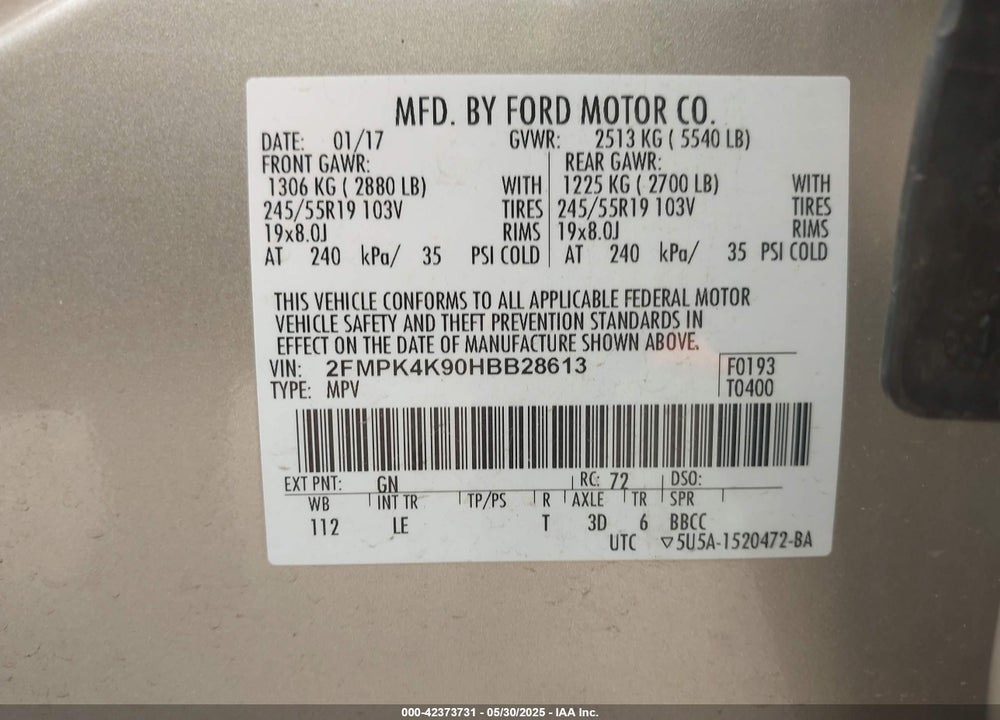 2017 FORD EDGE VIN: 2FMPK4K90HBB28613