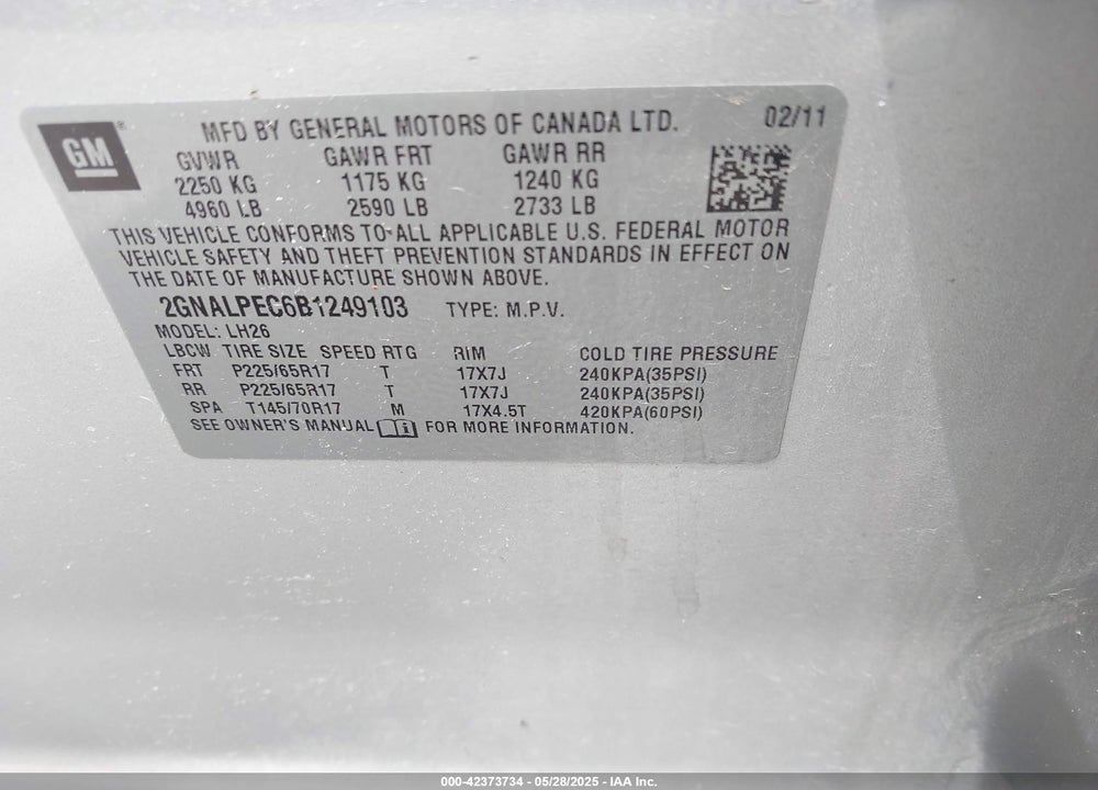 2011 CHEVROLET EQUINOX 2LT VIN: 2GNALPEC6B1249103