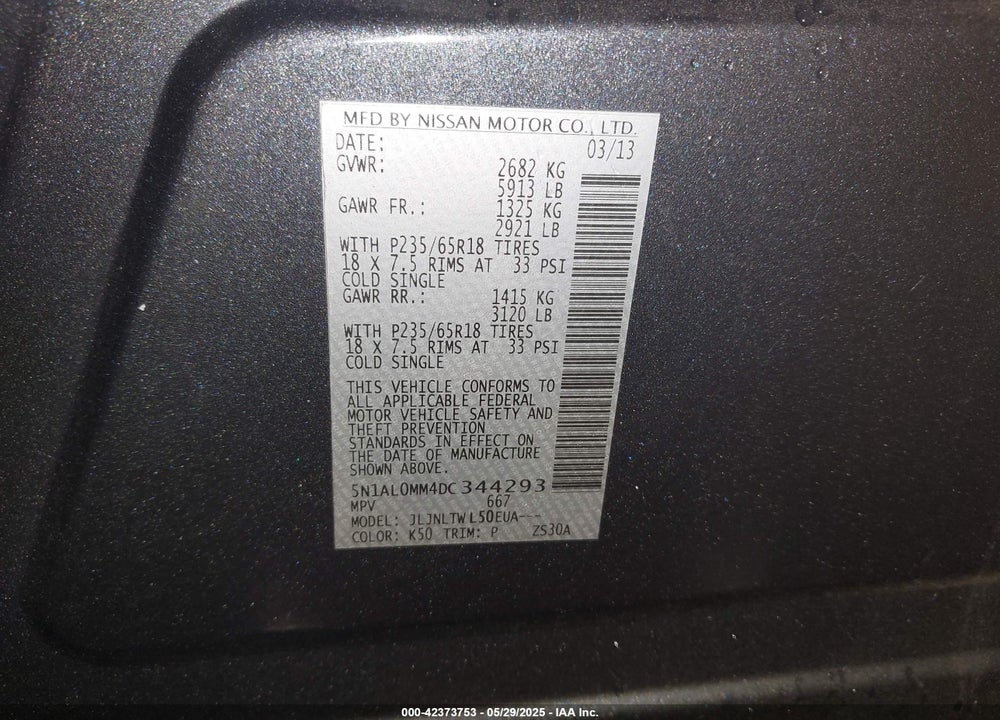 2013 INFINITI JX35 VIN: 5N1AL0MM4DC344293