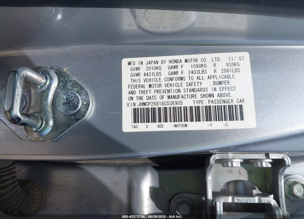 2008 HONDA ACCORD VIN: JHMCP26818C036905
