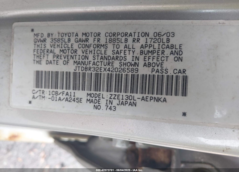 2004 TOYOTA COROLLA LE VIN: JTDBR32EX42026589