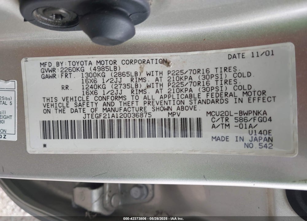 2002 TOYOTA HIGHLANDER V6 VIN: JTEGF21A120036875
