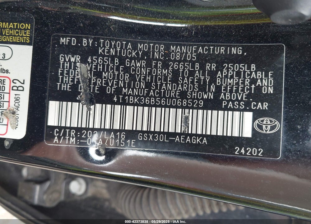 2006 TOYOTA AVALON VIN: 4T1BK36B56U068529