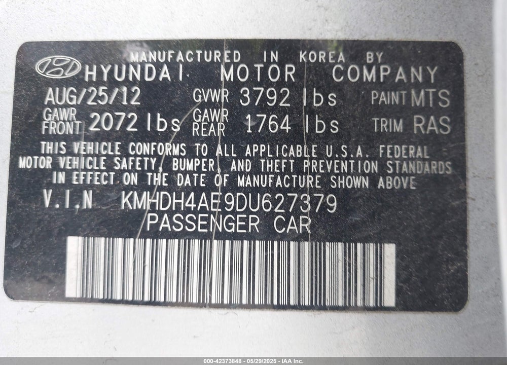 2013 HYUNDAI ELANTRA LIMITED VIN: KMHDH4AE9DU627379