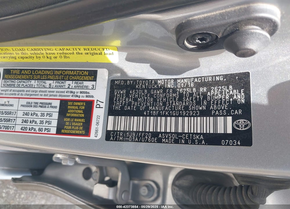 2016 TOYOTA CAMRY SE VIN: 4T1BF1FK1GU192923