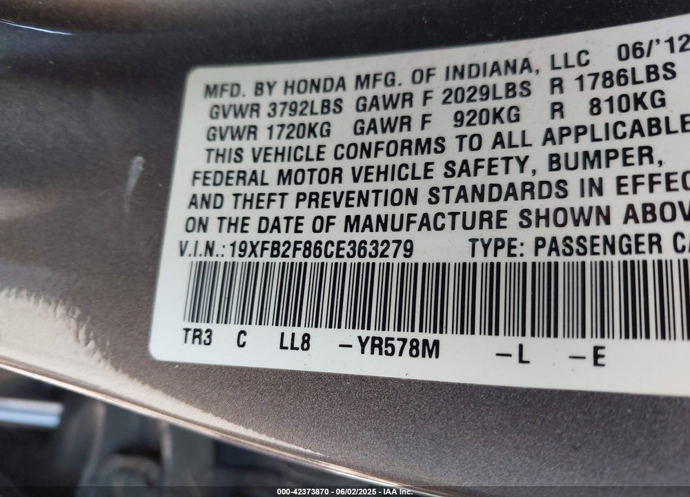 2012 HONDA CIVIC EX VIN: 19XFB2F86CE363279