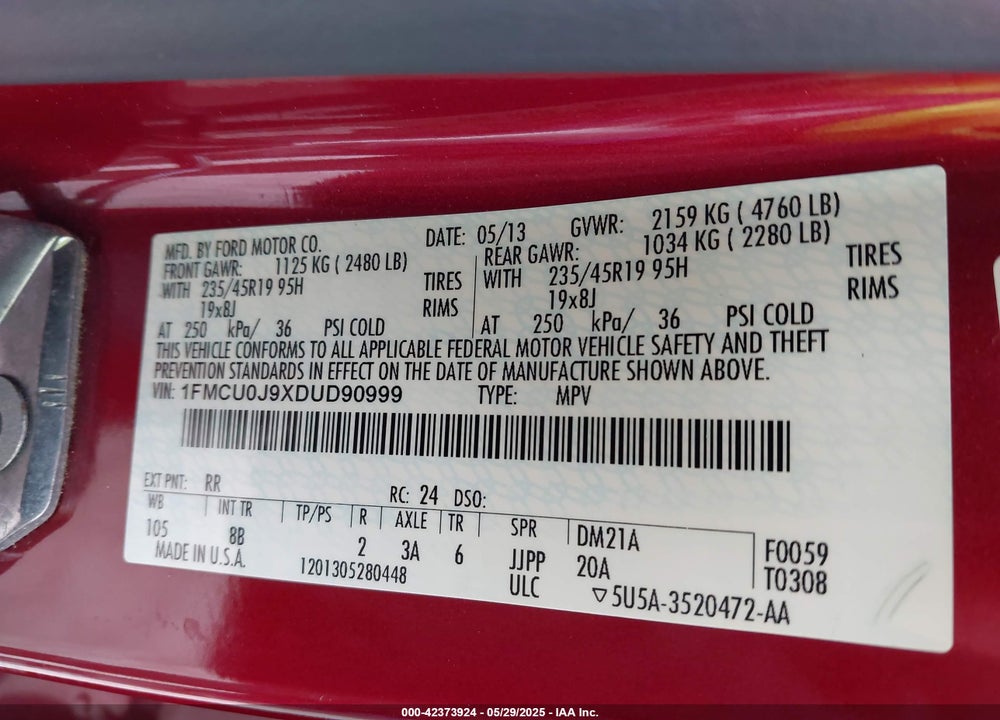 2013 FORD ESCAPE VIN: 1FMCU0J9XDUD90999