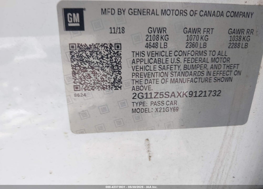 2019 CHEVROLET IMPALA VIN: 2G11Z5SAXK9121732