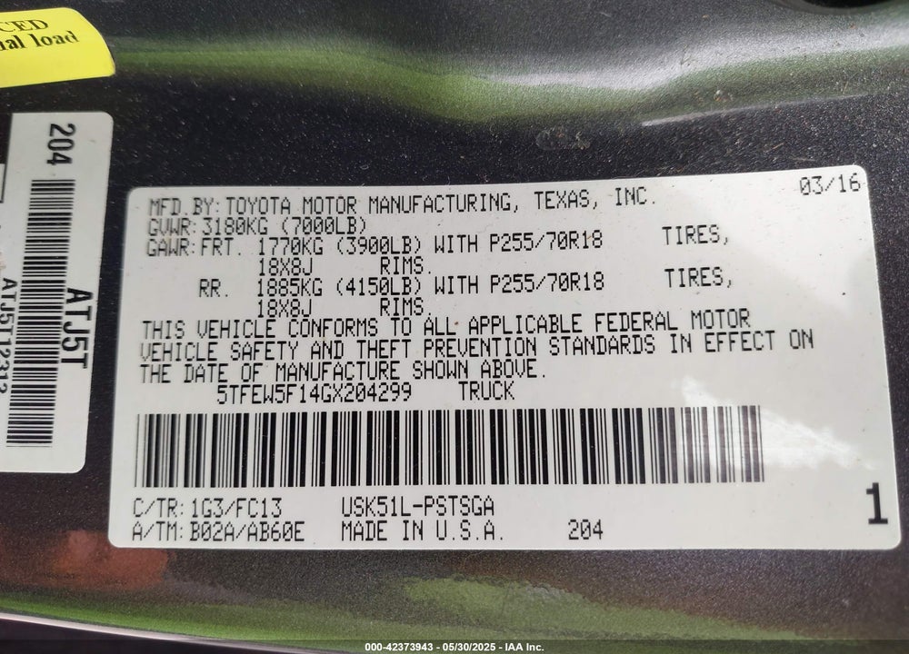2016 TOYOTA TUNDRA VIN: 5TFEW5F14GX204299