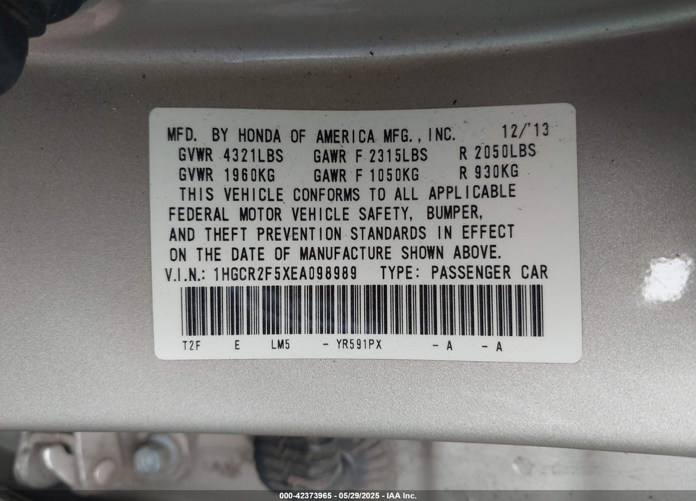 2014 HONDA ACCORD VIN: 1HGCR2F5XEA098989