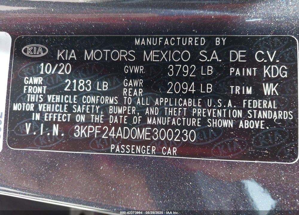 2021 KIA FORTE VIN: 3KPF24AD0ME300230