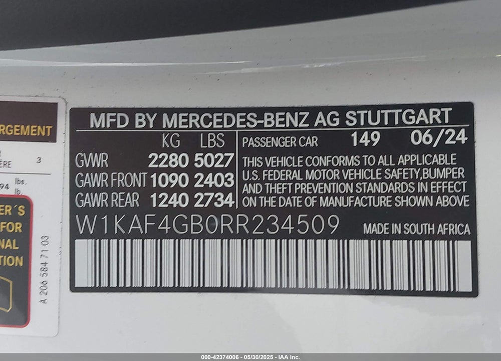 2024 MERCEDES-BENZ C CLASS VIN: W1KAF4GB0RR234509