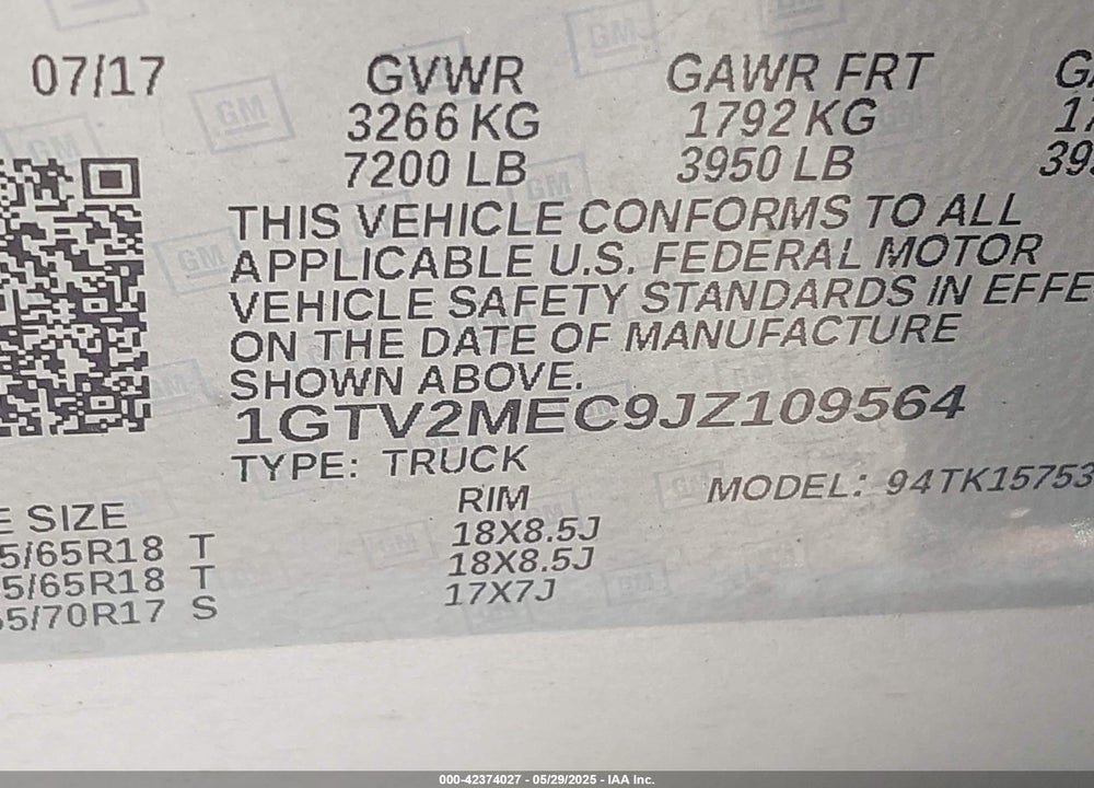 2018 GMC SIERRA 1500 VIN: 1GTV2MEC9JZ109564