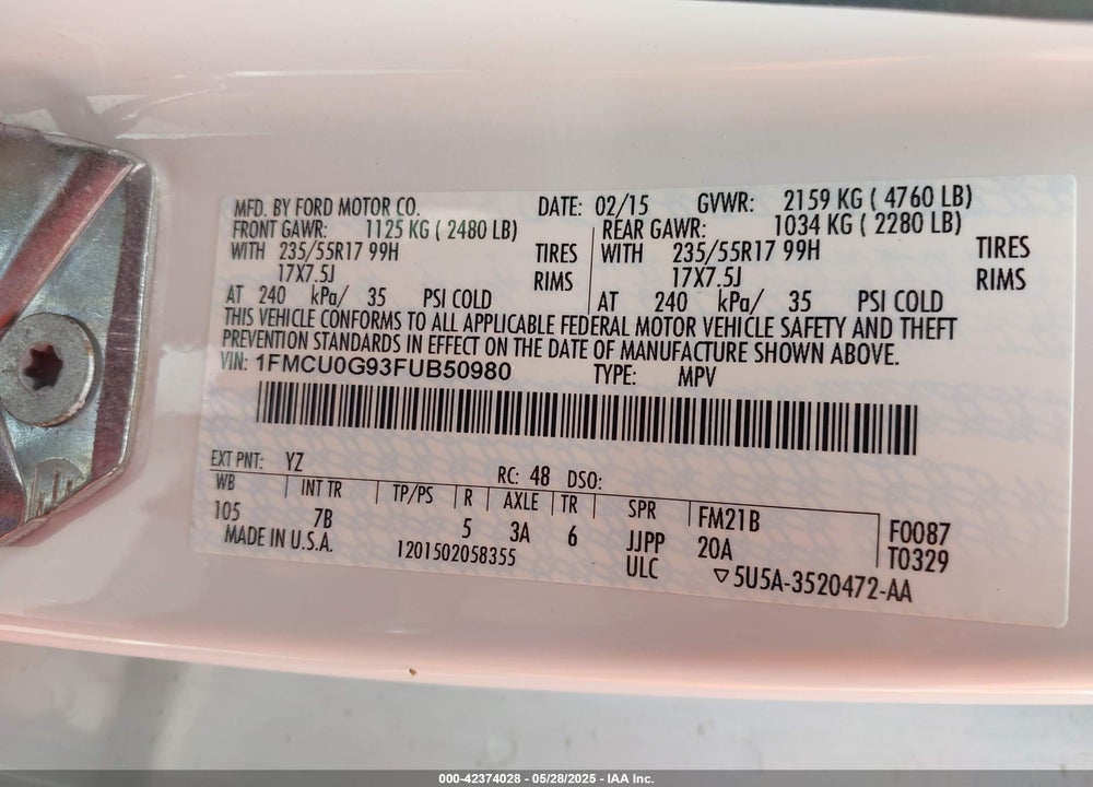 2015 FORD ESCAPE SE VIN: 1FMCU0G93FUB50980
