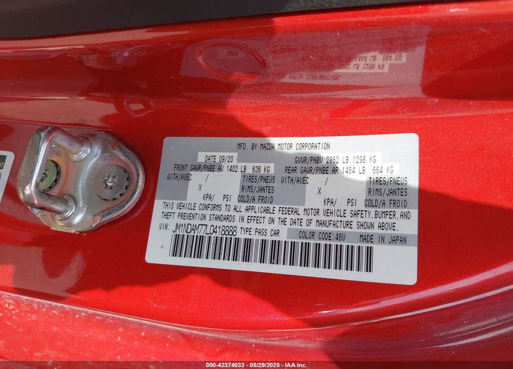 2020 MAZDA MX-5 MIATA VIN: JM1NDAM77L0418888