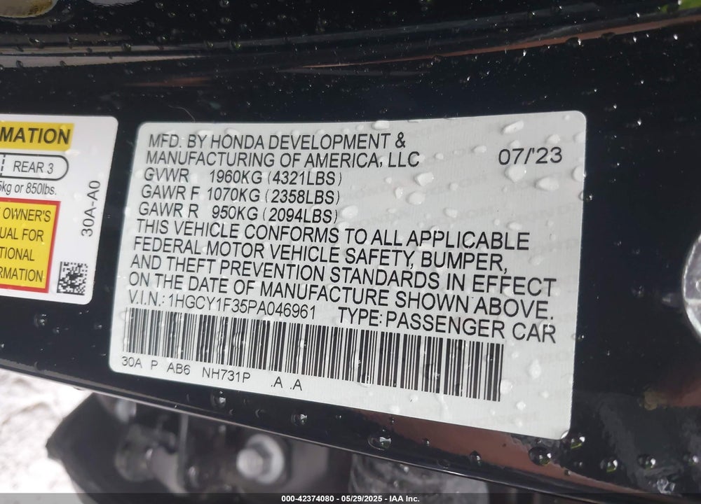2023 HONDA ACCORD VIN: 1HGCY1F35PA046961