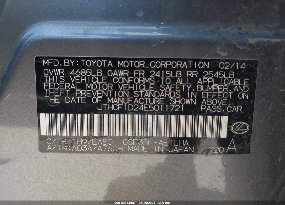 2014 LEXUS IS 250 VIN: JTHCF1D24E5011721
