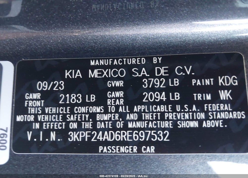 2024 KIA FORTE LX VIN: 3KPF24AD6RE697532