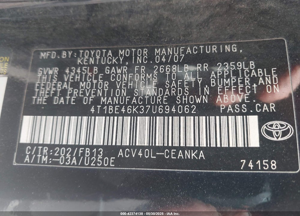 2007 TOYOTA CAMRY LE VIN: 4T1BE46K37U694062