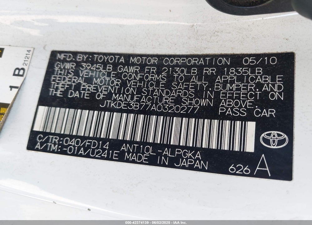 2010 SCION TC VIN: JTKDE3B77A0320277