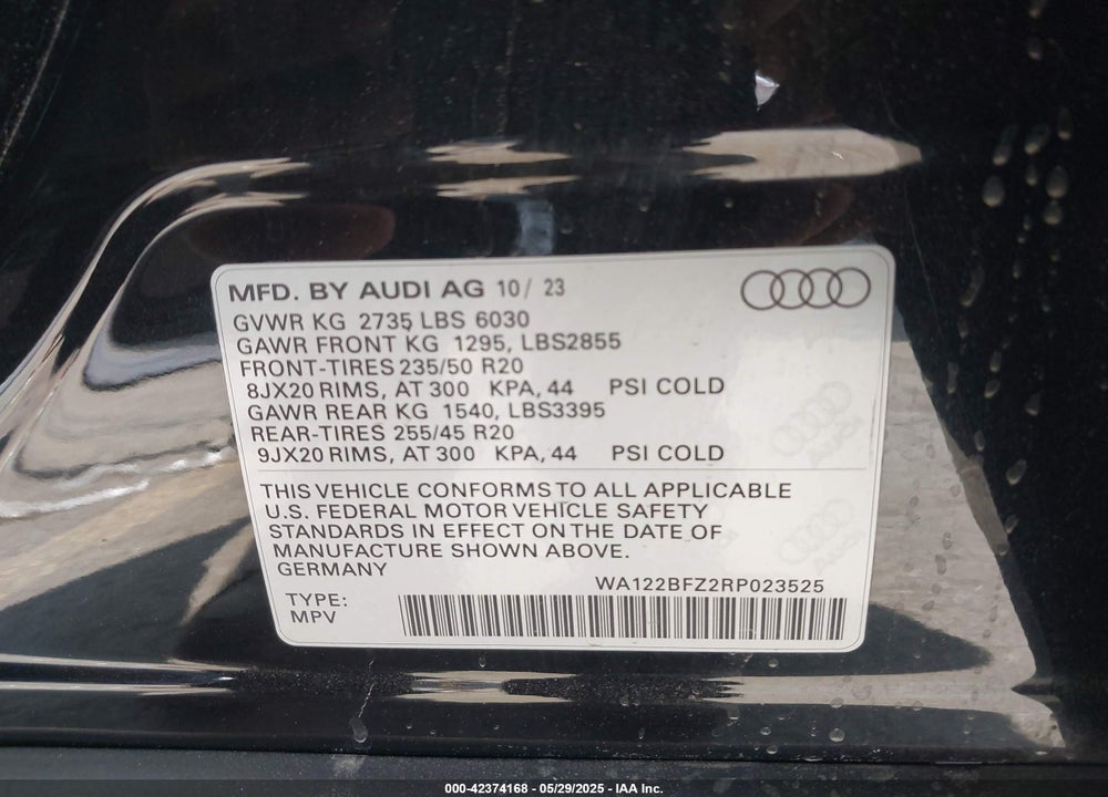 2024 AUDI Q4 E-TRON SPORTBACK VIN: WA122BFZ2RP023525