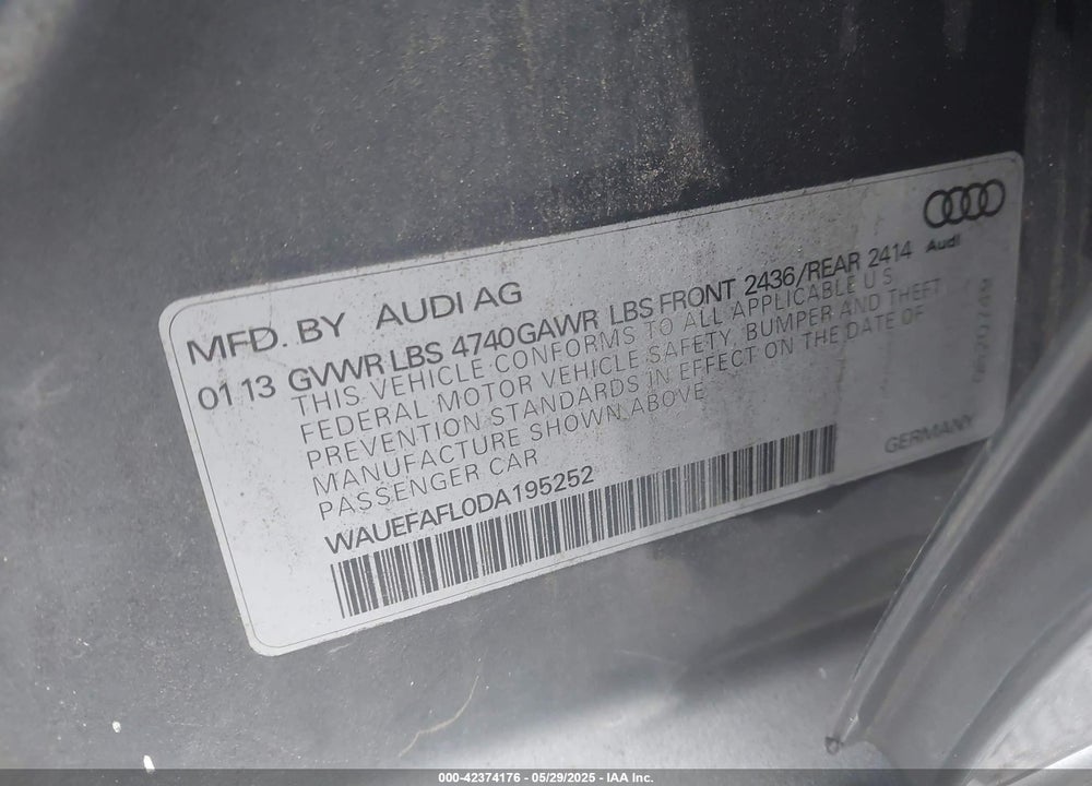 2013 AUDI A4 2.0T PREMIUM VIN: WAUEFAFL0DA195252