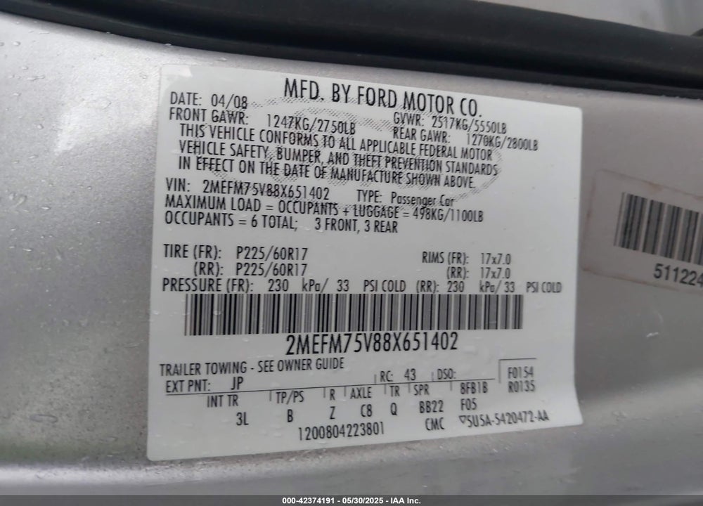 2008 MERCURY GRAND MARQUIS VIN: 2MEFM75V88X651402