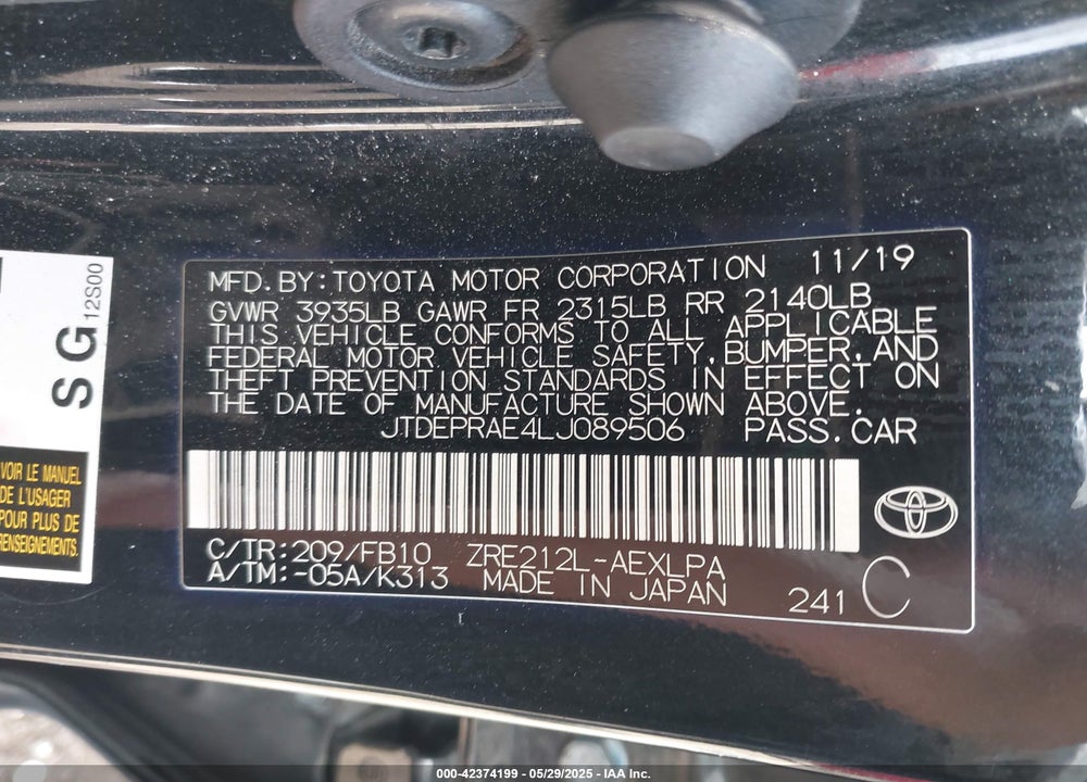 2020 TOYOTA COROLLA VIN: JTDEPRAE4LJ089506