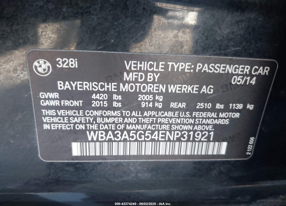 2014 BMW 3 SERIES VIN: WBA3A5G54ENP31921