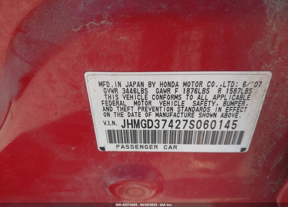 2007 HONDA FIT VIN: JHMGD37427S060145