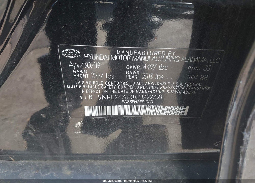 2019 HYUNDAI SONATA VIN: 5NPE24AF0KH792621