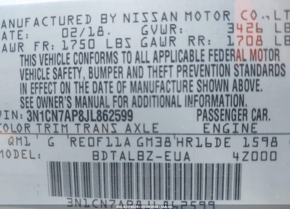 2018 NISSAN VERSA VIN: 3N1CN7AP8JL862599