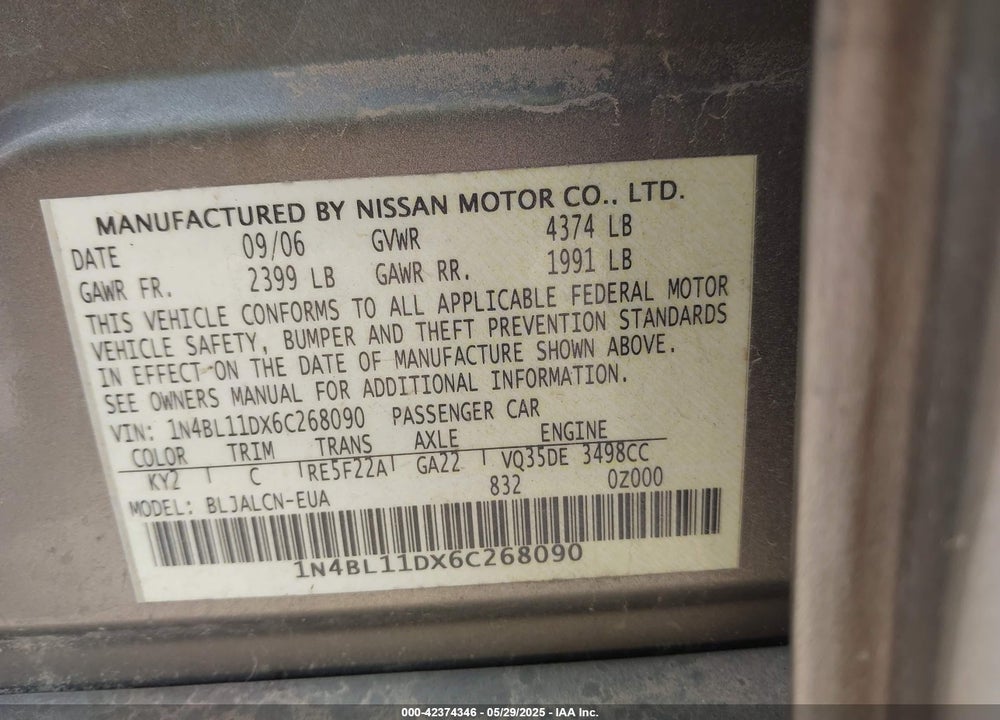 2006 NISSAN ALTIMA 3.5 SE VIN: 1N4BL11DX6C268090