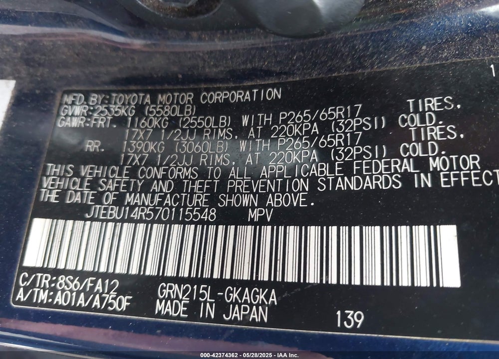2007 TOYOTA 4RUNNER SR5 V6 VIN: JTEBU14R570115548